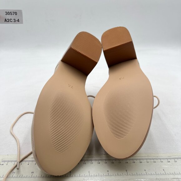 FOWT Beige Perforated Lace-Up Oxfords Almond Toe Mid Chunky Heel Brogues Shoes - Picture 7 of 8